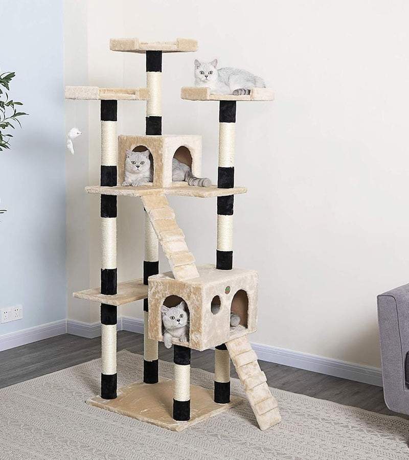 170cm Cat Tree Tower for Indoor Cats with Dual Condos & Plush Perches, Beige - alternate angle
