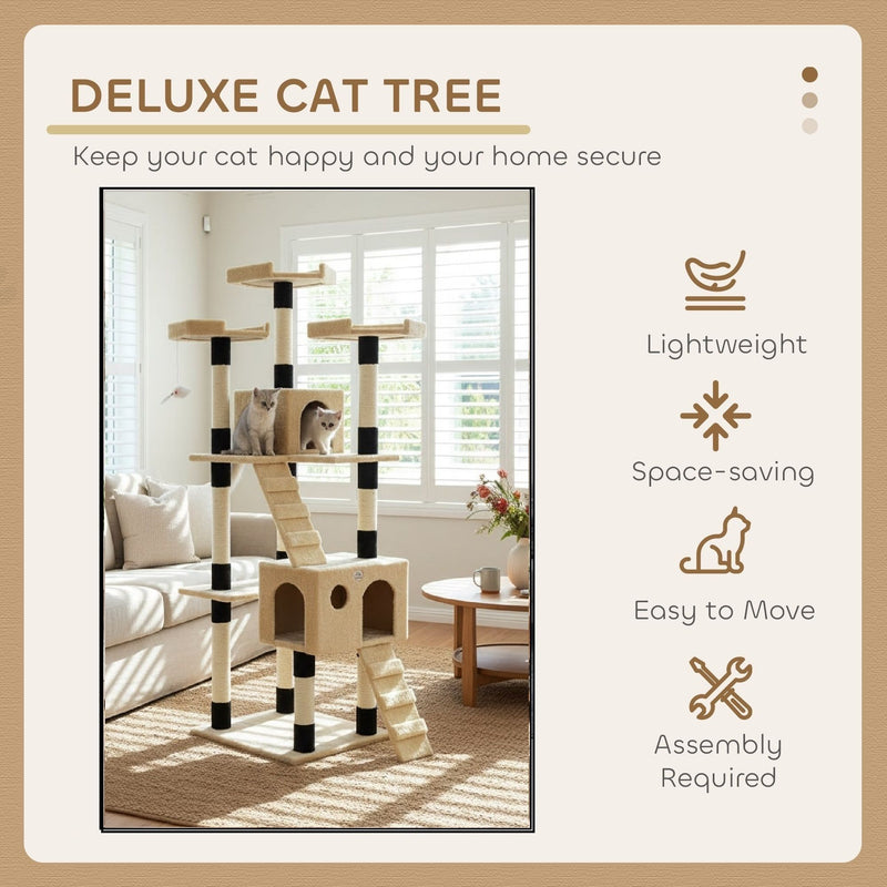 170cm Cat Tree Tower for Indoor Cats with Dual Condos & Plush Perches, Beige - size and scale view