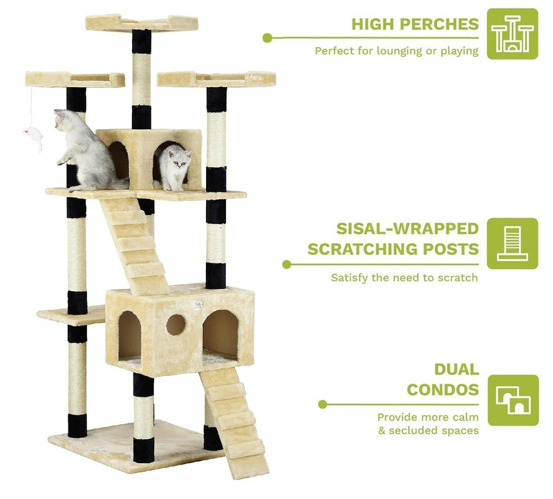 170cm Cat Tree Tower for Indoor Cats with Dual Condos & Plush Perches, Beige - additional product view