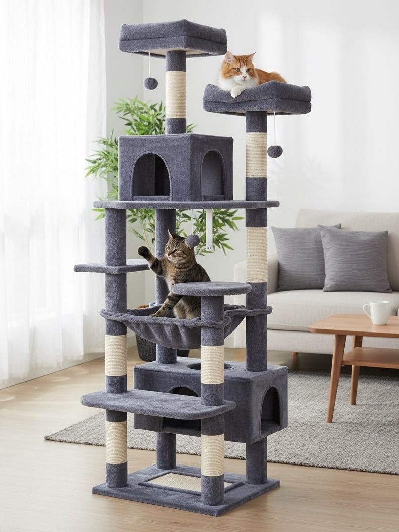 180cm Cat Tree Tower for Indoor Cats with Plush Perches & Dual Condos, Grey - alternate angle