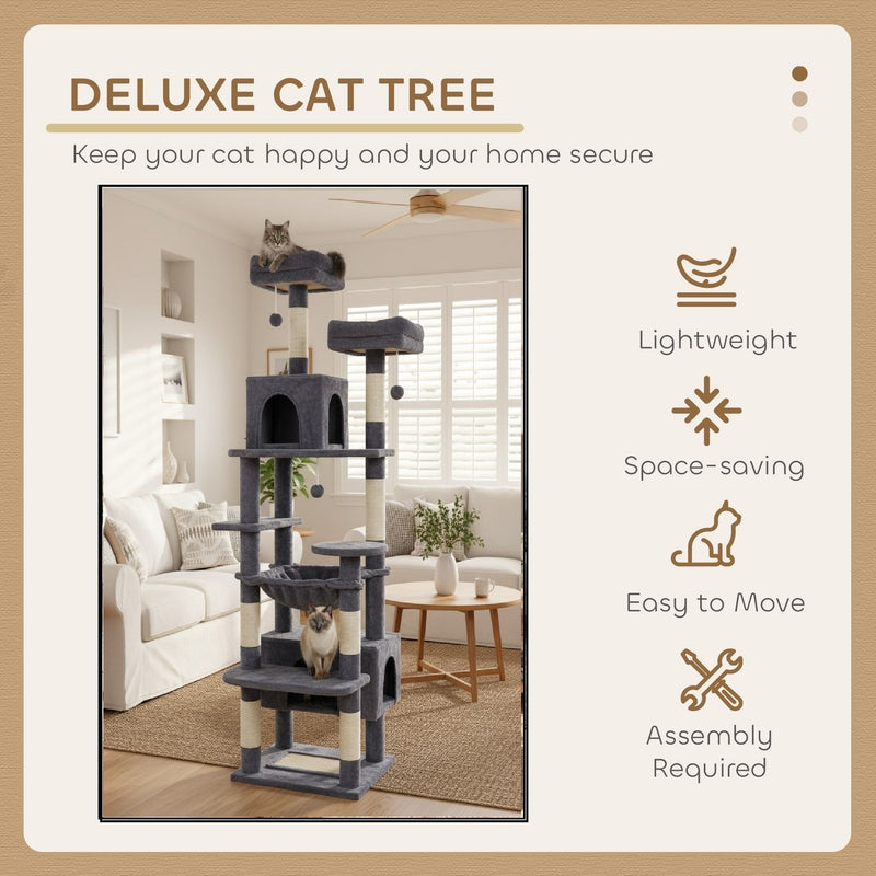 180cm Cat Tree Tower for Indoor Cats with Plush Perches & Dual Condos, Grey - size and scale view