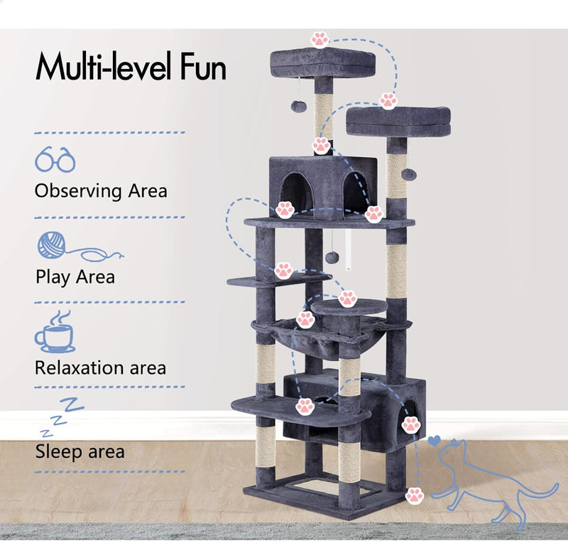 180cm Cat Tree Tower for Indoor Cats with Plush Perches & Dual Condos, Grey - additional product view
