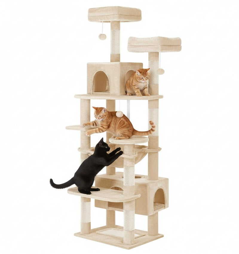 180cm Cat Tree Tower for Indoor Cats with Plush Perches & Dual Condos, Beige - main product image
