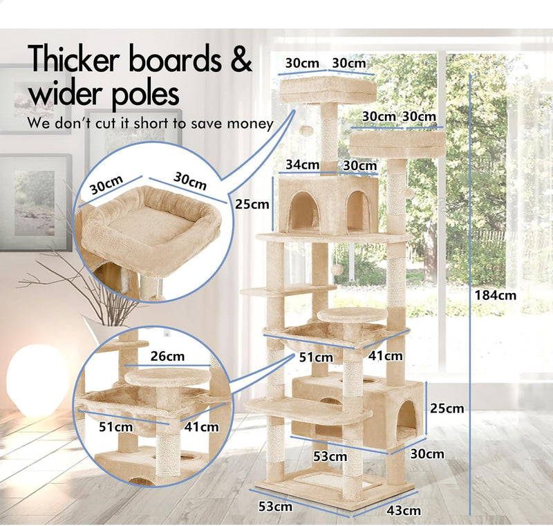 180cm Cat Tree Tower for Indoor Cats with Plush Perches & Dual Condos, Beige - detail view