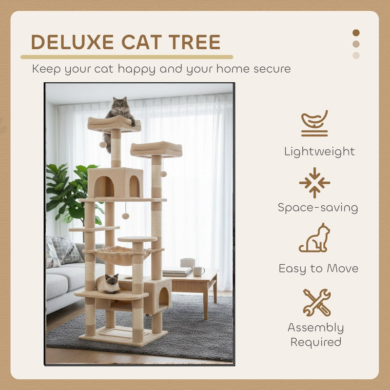 180cm Cat Tree Tower for Indoor Cats with Plush Perches & Dual Condos, Beige - size and scale view