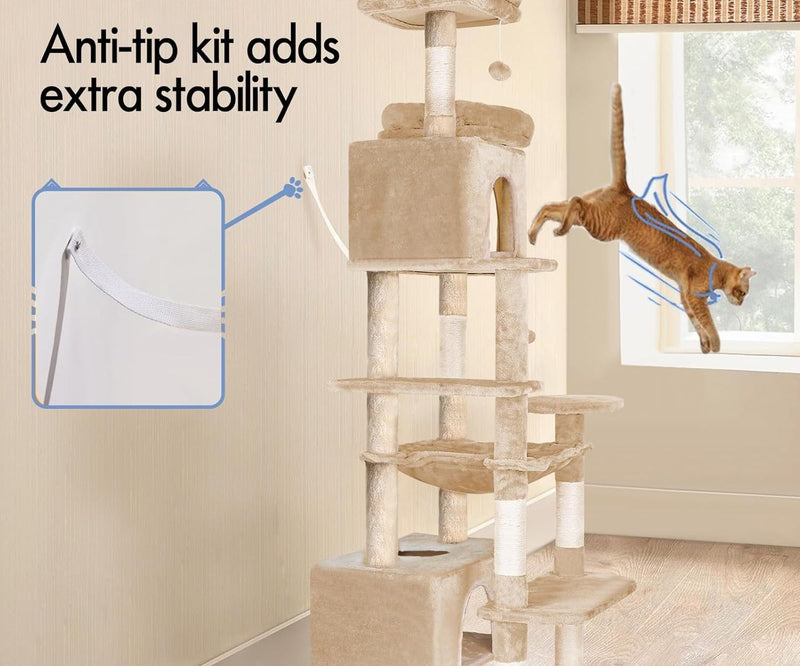 180cm Cat Tree Tower for Indoor Cats with Plush Perches & Dual Condos