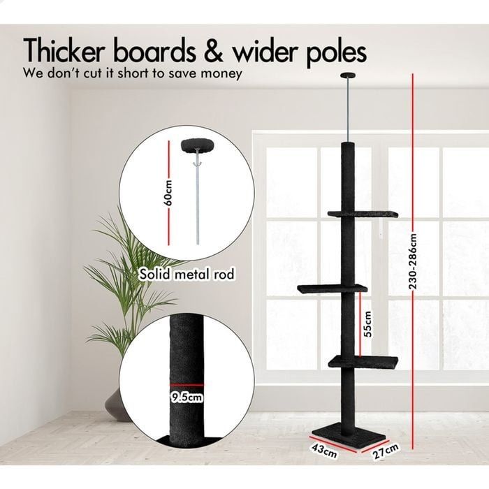 Floor to Ceiling Cat Tree Tower Adjustable 230 - 286cm Black - detail view