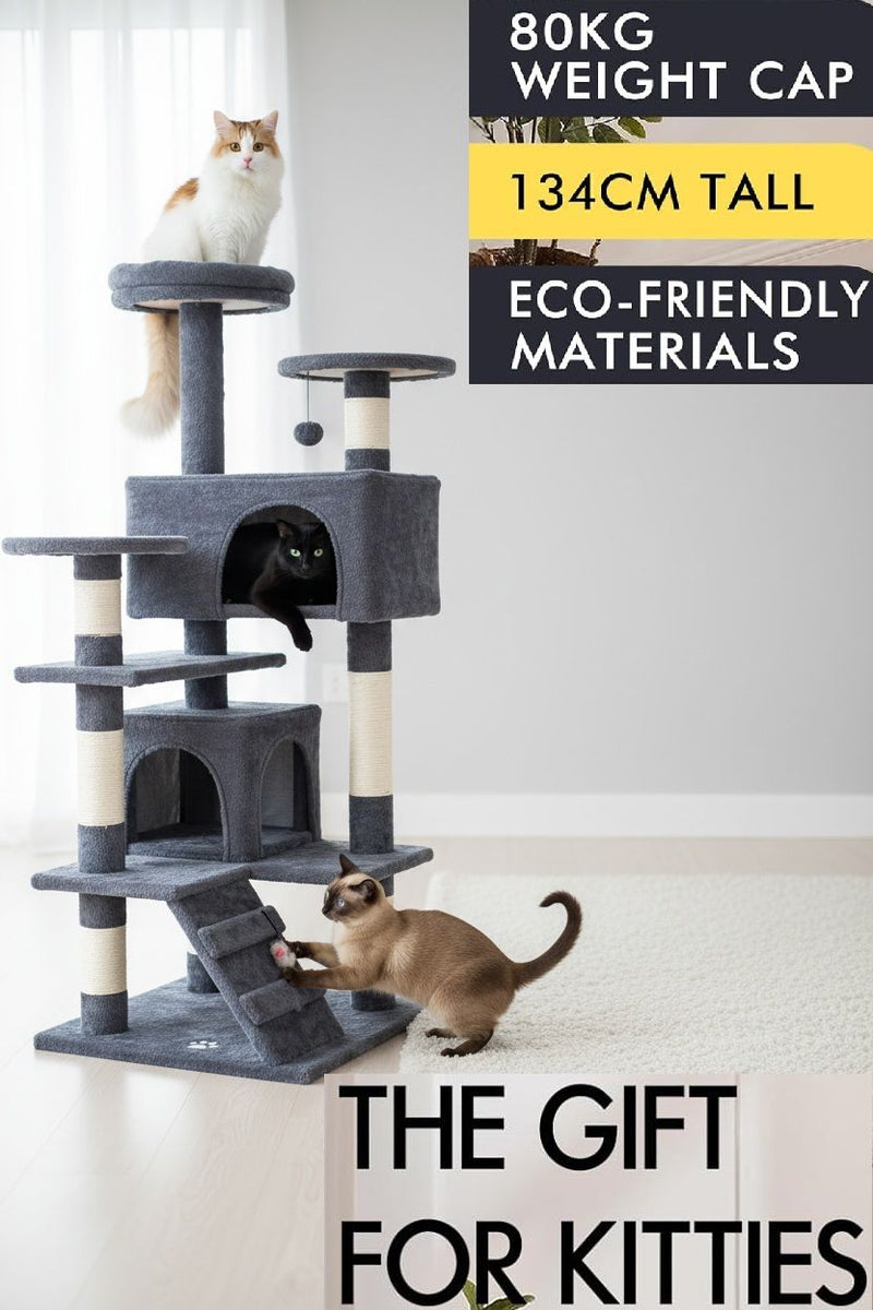 Indoor Cat Tree Tower with Plush Perches and Dual Condos, Grey - alternate angle