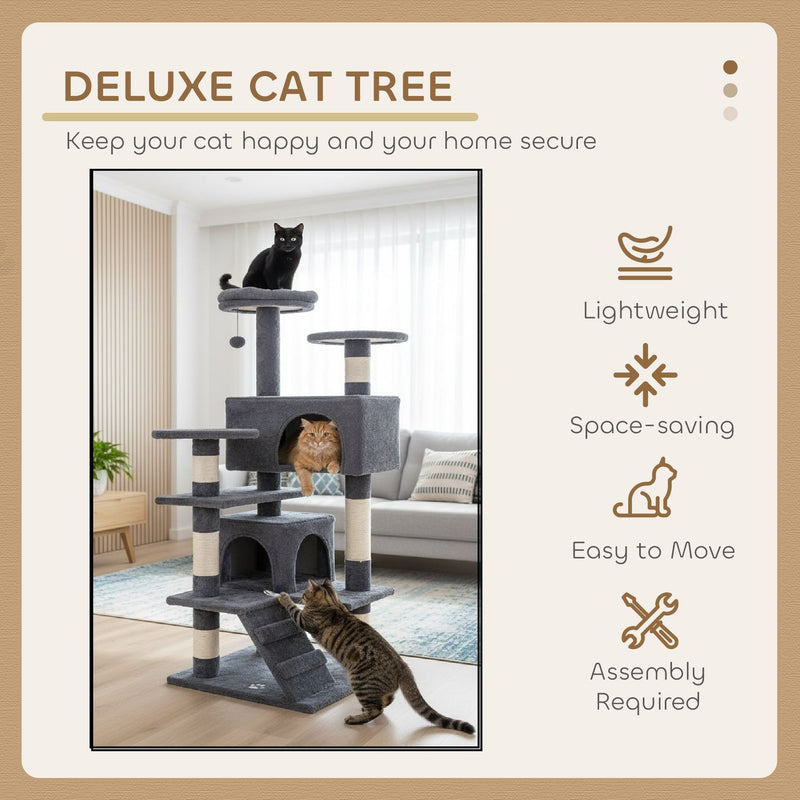 Indoor Cat Tree Tower with Plush Perches and Dual Condos, Grey - size and scale view