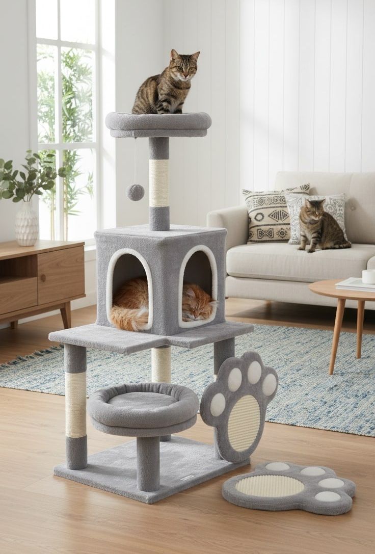 Large Cat Tree Tower with Plush Perch for Indoor Cats, Grey - alternate angle