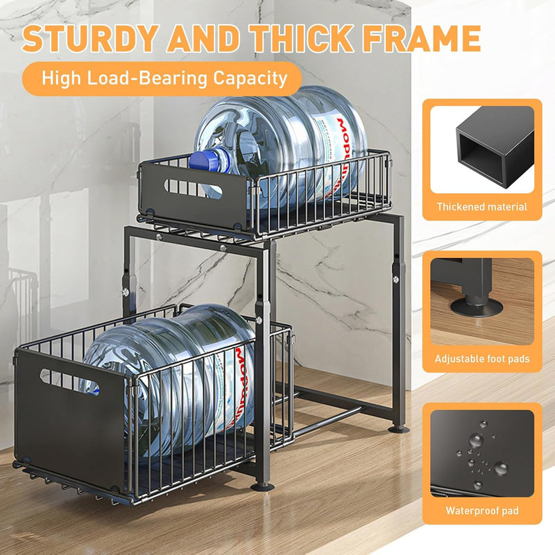 2 Tier Under Sink Organiser with Sliding Drawers - Height Adjustable - Black - size and scale view
