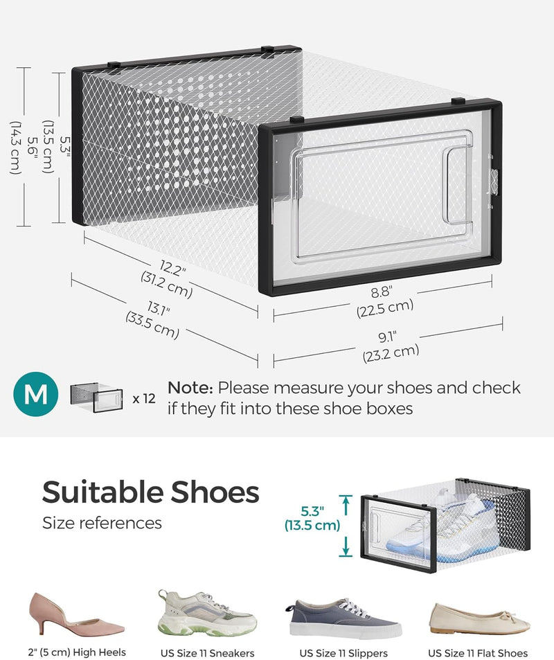 6-Pack Shoe Storage Boxes Clear Stackable, Black - detail view