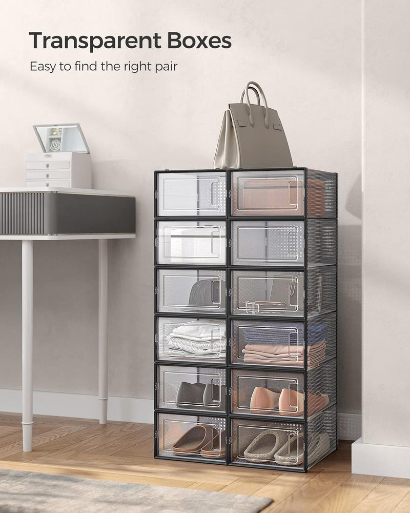 12-Pack Clear Shoe Storage Boxes Stackable Black