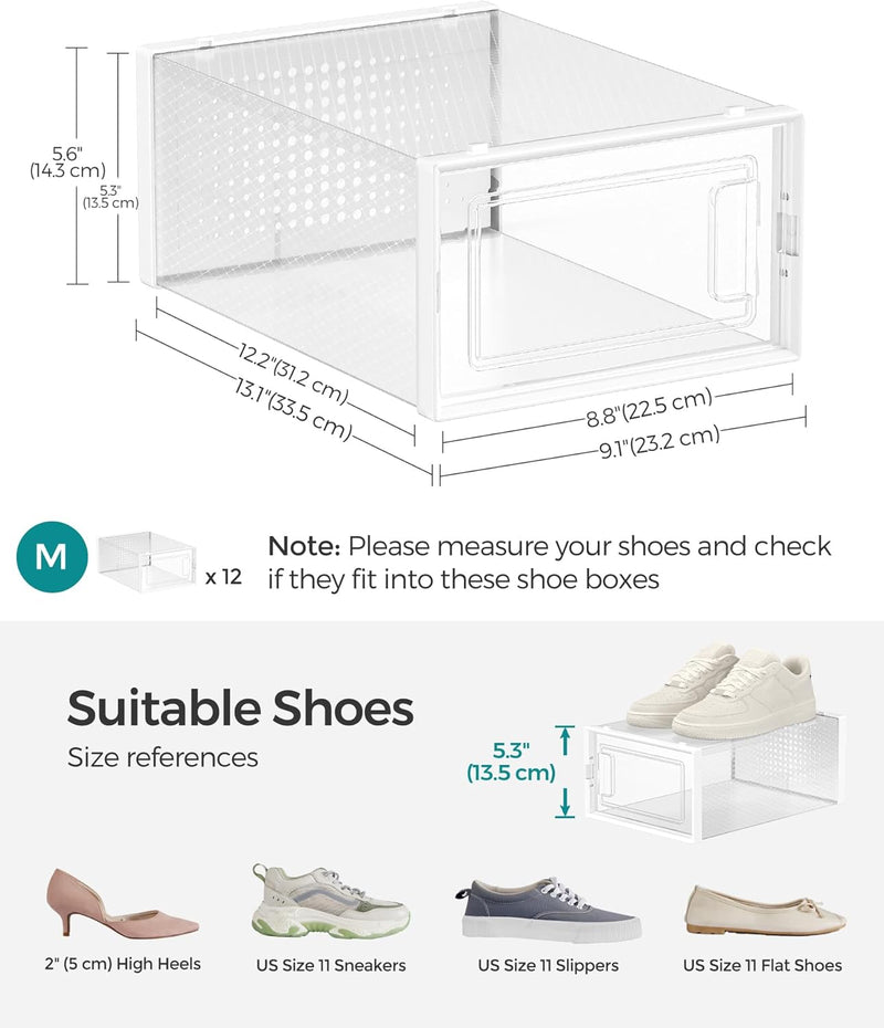 12-Pack Clear Shoe Storage Boxes, Stackable, White - detail view