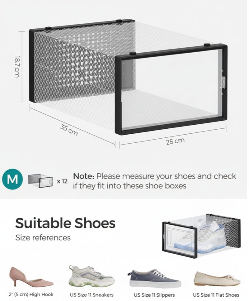 12-Pack Clear Shoe Storage Boxes, Stackable, Black - detail view