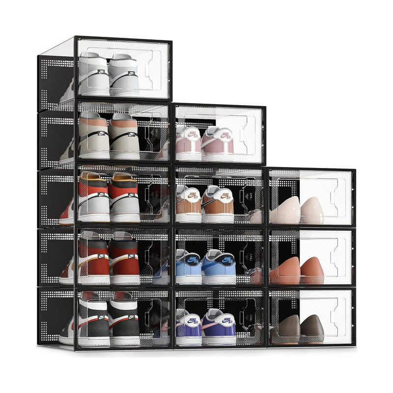 12-Pack Clear Shoe Storage Boxes, Stackable, Black - main product image