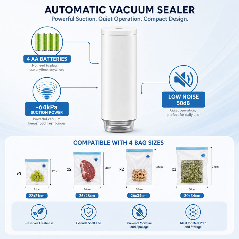 Automatic Vacuum Sealer Kit, 10 Reusable Bags in White - detail view
