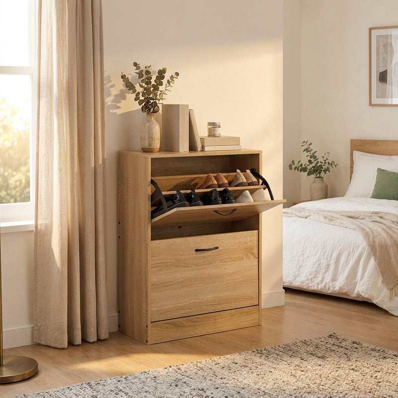 Shoe Cabinet 2 Flip Drawers, Hidden Storage, Oak, Modern - additional product view