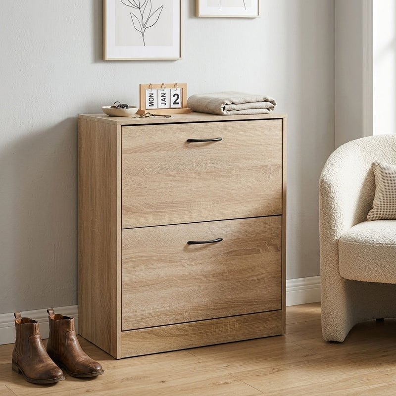2 Flip Drawer Shoe Cabinet Hidden Storage Oak Modern
