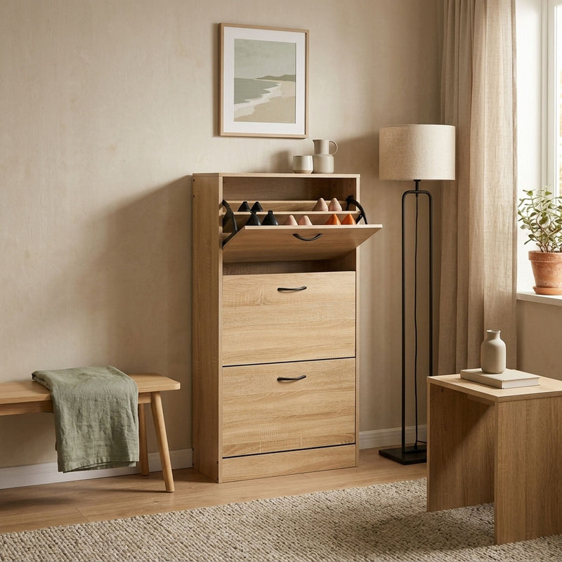 3 Flip Drawer Shoe Cabinet Hidden Storage Oak Modern