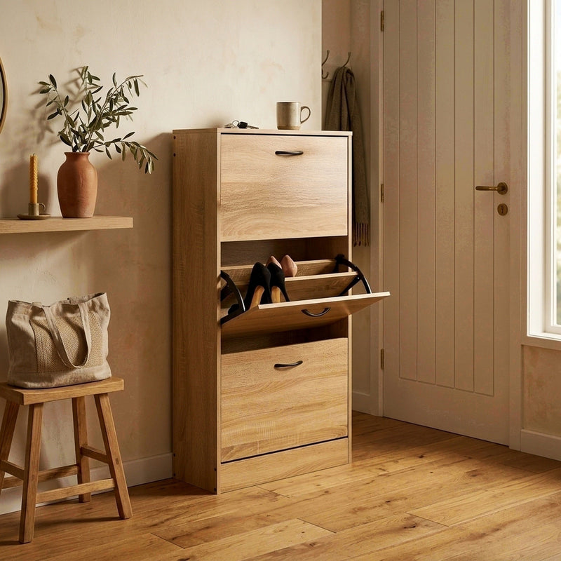 3 Flip Drawer Shoe Cabinet Hidden Storage Oak Modern