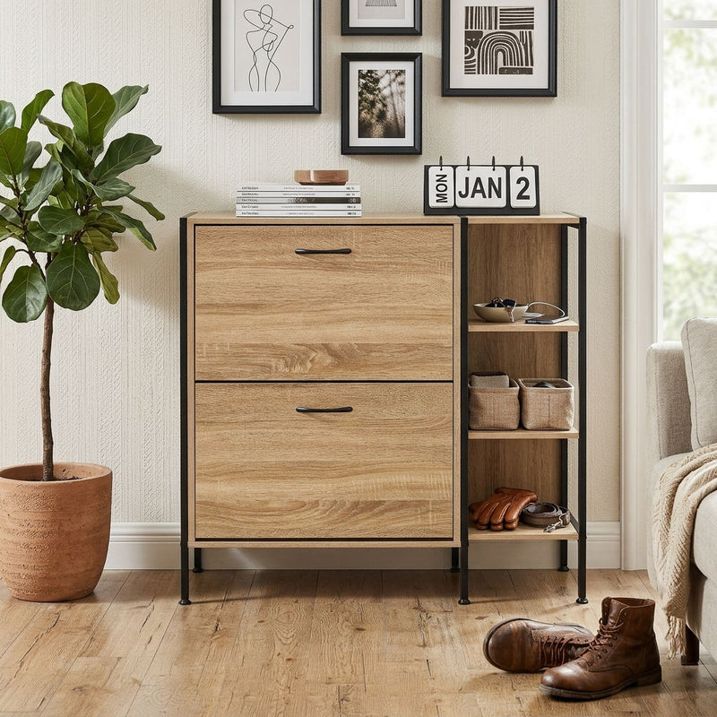 2 Flip Shoe Cabinet with Side Shelf, Oak, 88 cm, Brown - alternate angle