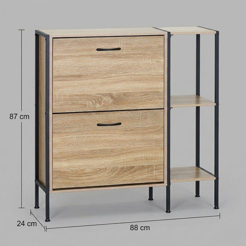 2 Flip Shoe Cabinet with Side Shelf, Oak, 88 cm, Brown - detail view