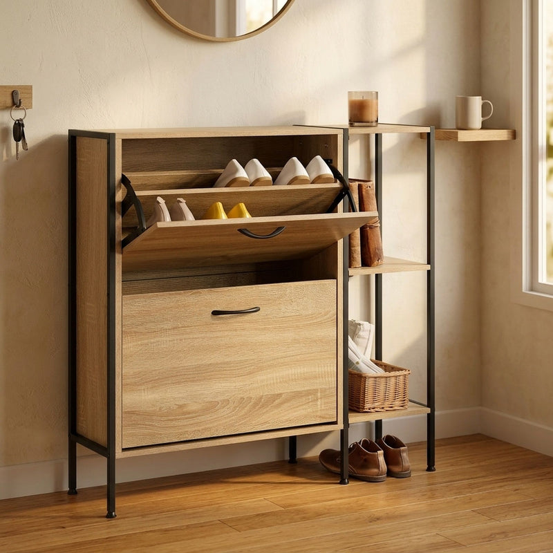 2 Flip Shoe Cabinet with Side Shelf, Oak, 88 cm, Brown - size and scale view