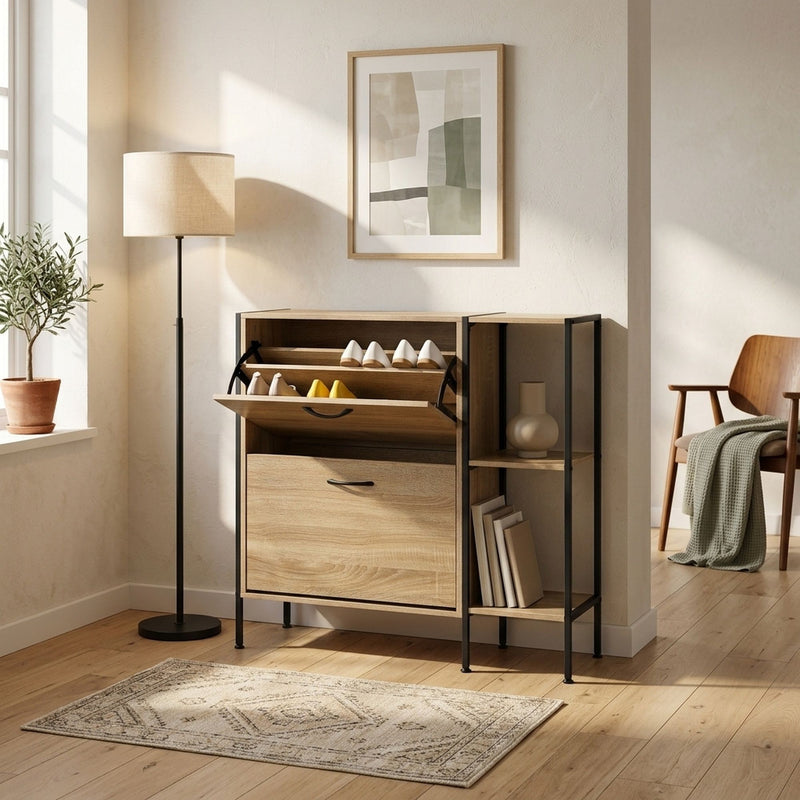 Flip Shoe Cabinet with Side Shelf - Oak - 88cm