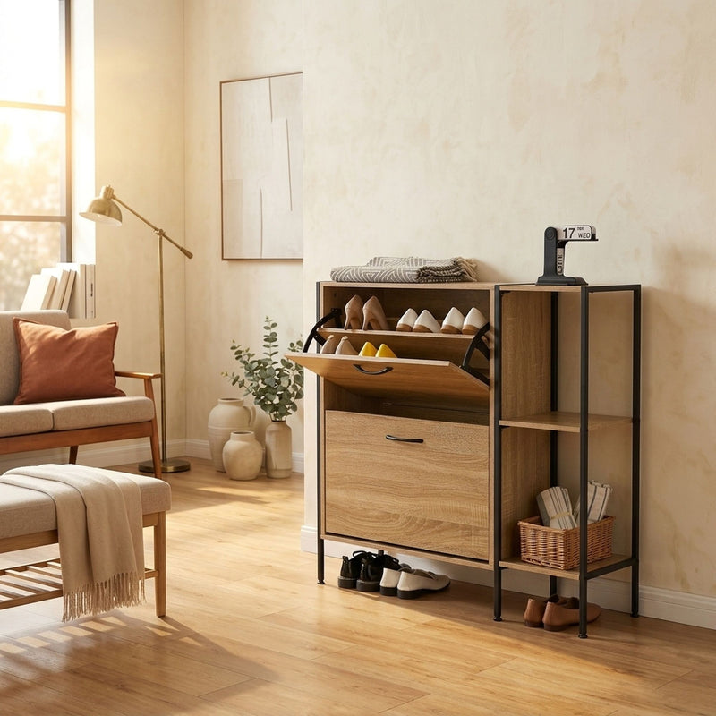 Flip Shoe Cabinet with Side Shelf - Oak - 88cm