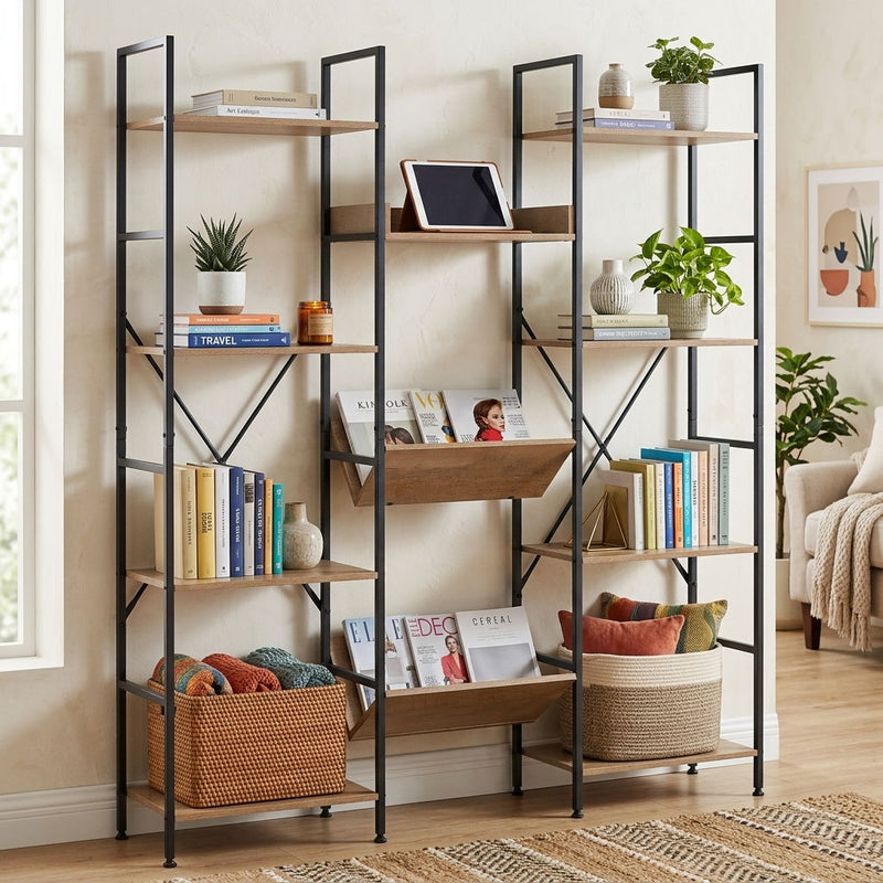 12-Shelf Bookcase, Wood Metal Display Shelf, Brown - alternate angle