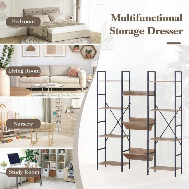 12-Shelf Bookcase, Wood Metal Display Shelf, Brown - size and scale view