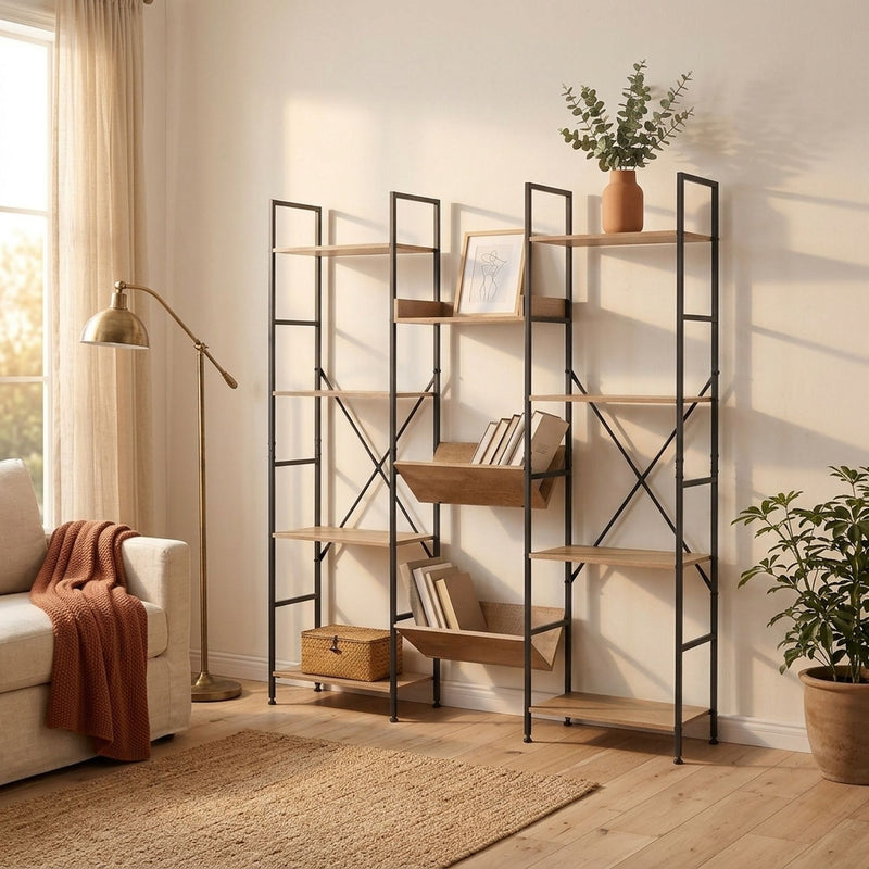 12-Shelf Bookcase, Wood Metal Display Shelf, Brown - additional product view