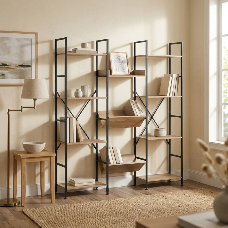 12-Shelf Industrial Wood Metal Bookcase