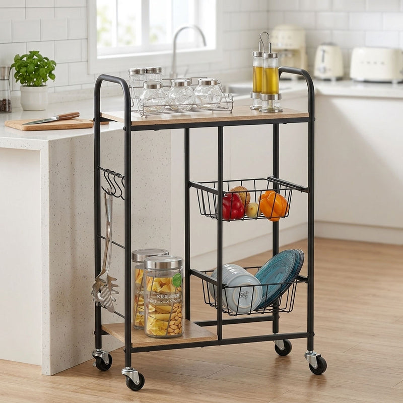 Kitchen Trolley Cart with Wire Baskets, Rolling, Brown - alternate angle