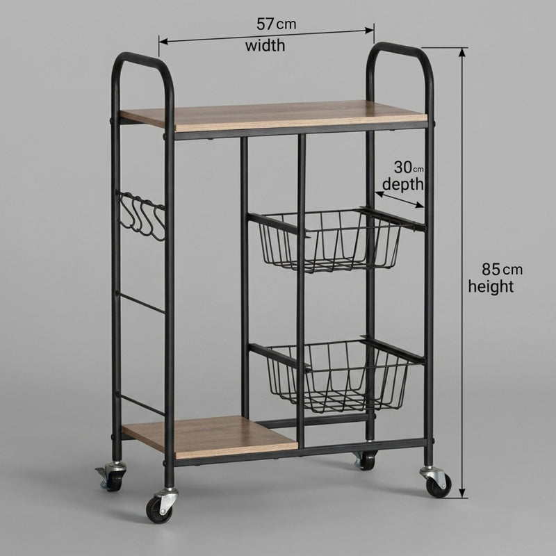 Kitchen Trolley Cart with Wire Baskets, Rolling, Brown - detail view