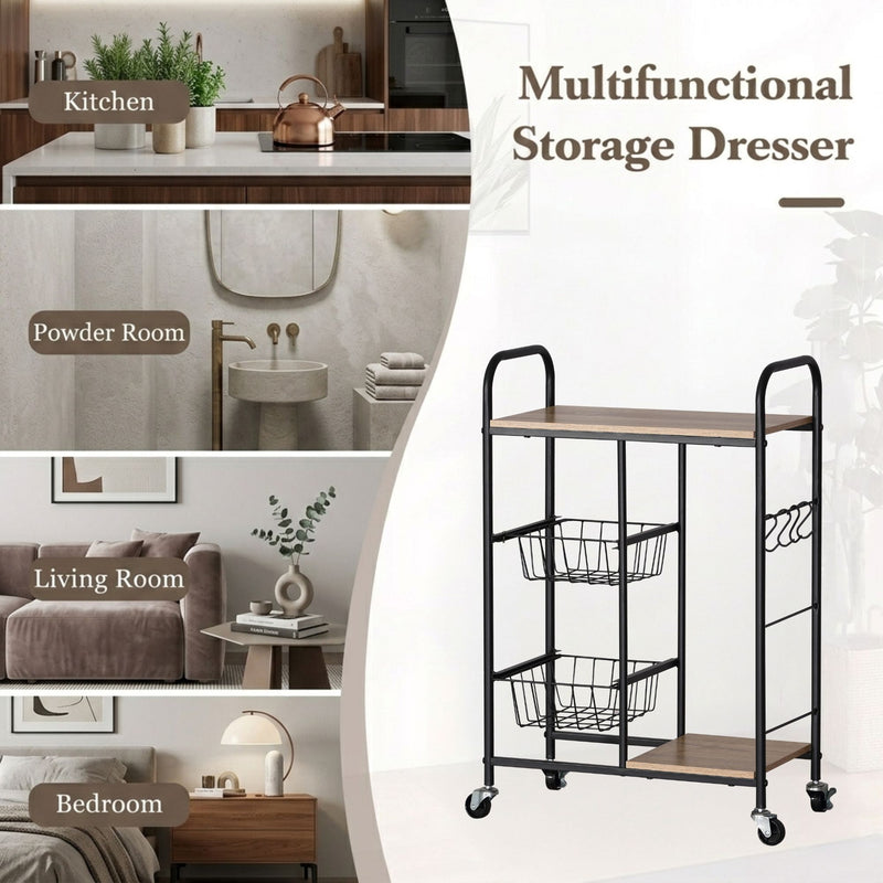 Kitchen Trolley Cart with Wire Baskets, Rolling, Brown - size and scale view