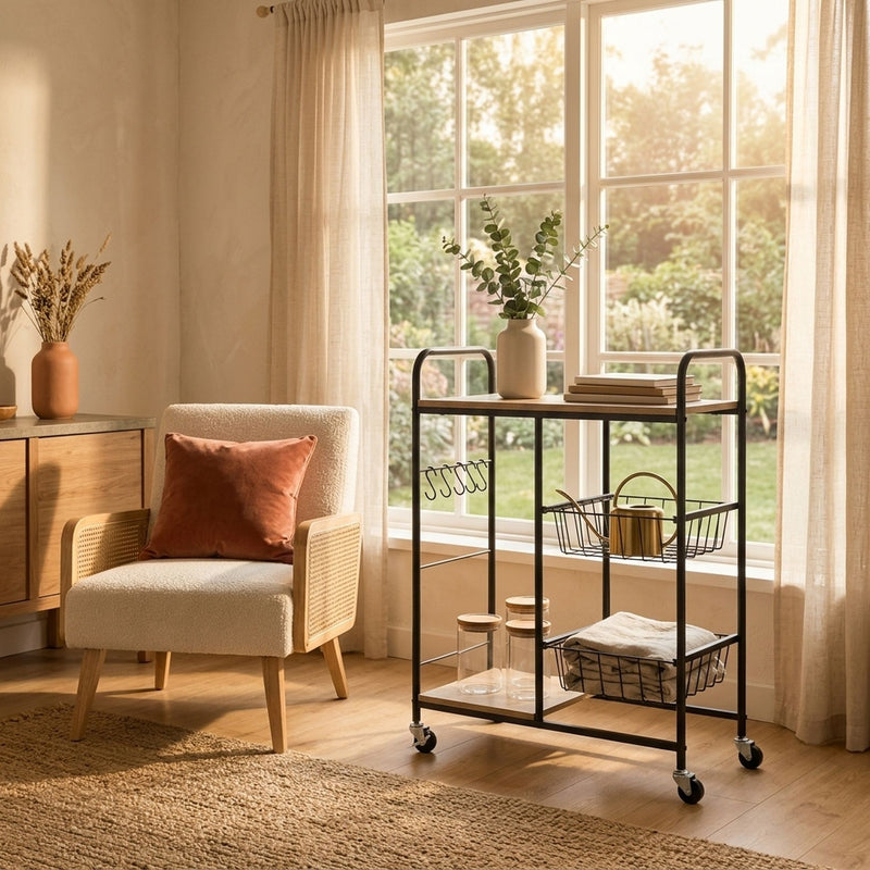 Kitchen Trolley Cart with Wire Baskets, Rolling, Brown - additional product view