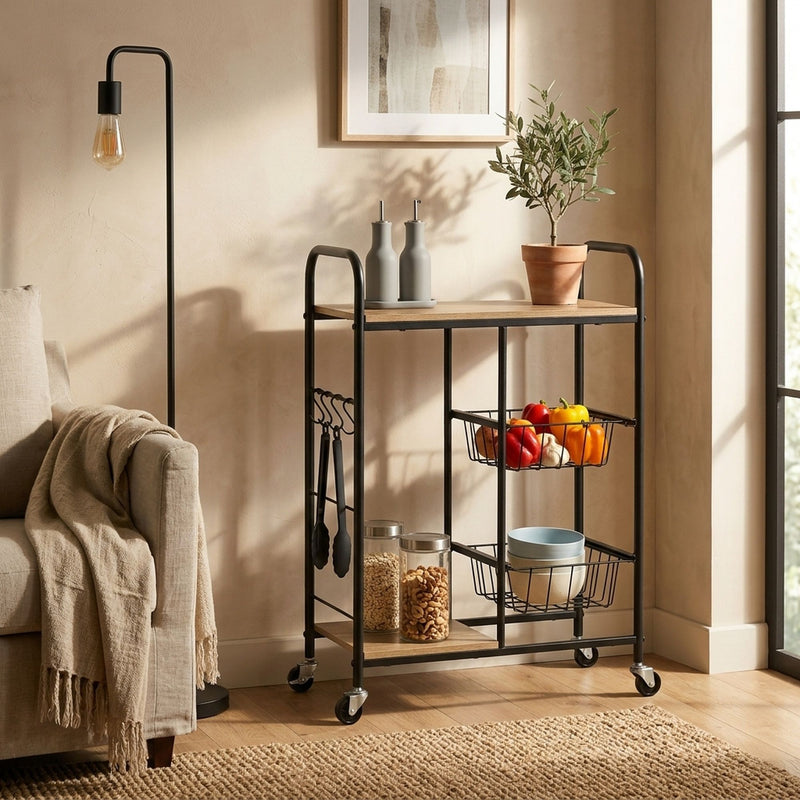 Kitchen Trolley Cart with Wire Baskets and Wheels
