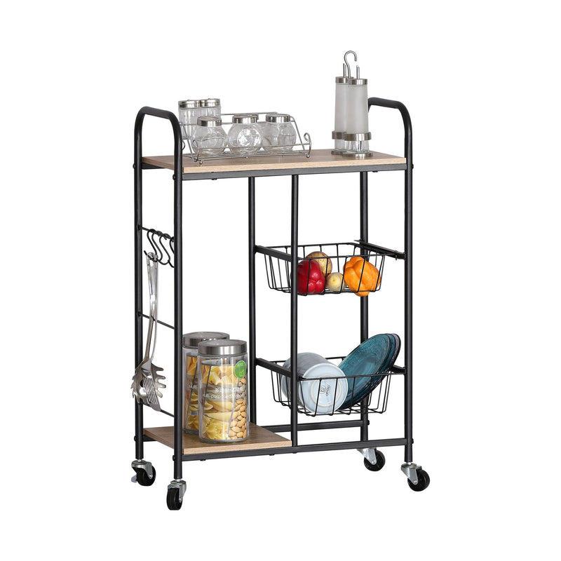 Kitchen Trolley Cart with Wire Baskets, Rolling, Brown - main product image