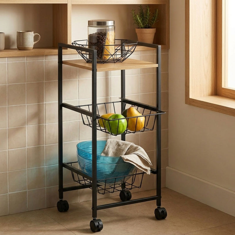 3 Tier Rolling Kitchen Trolley Cart, Wire Baskets, Black in Black - alternate angle