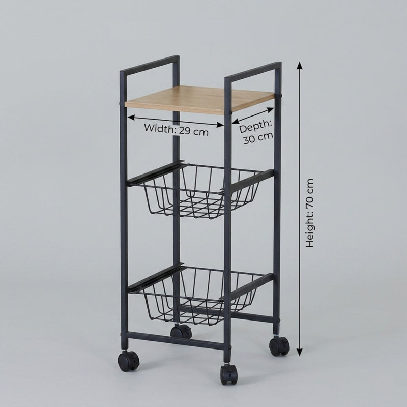 3 Tier Rolling Kitchen Trolley Cart, Wire Baskets, Black in Black - detail view