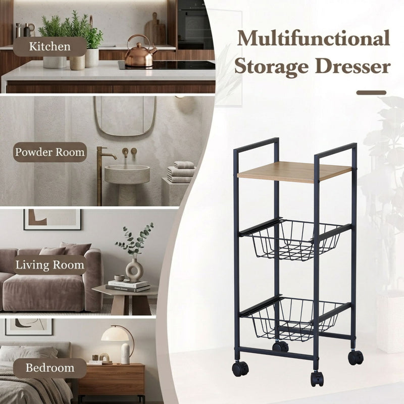 3 Tier Rolling Kitchen Trolley Cart, Wire Baskets, Black in Black - size and scale view