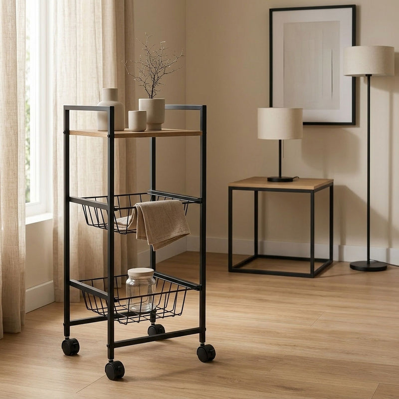 3 Tier Rolling Kitchen Trolley Cart, Wire Baskets, Black in Black - additional product view