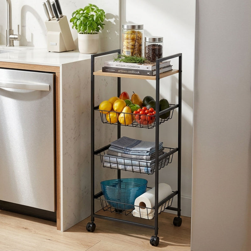 4 Tier Kitchen Rolling Cart, Wire Baskets, Black, Brown - alternate angle