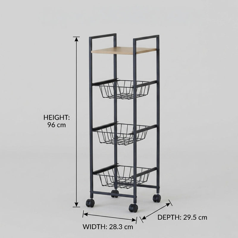 4 Tier Kitchen Rolling Cart, Wire Baskets, Black, Brown - detail view