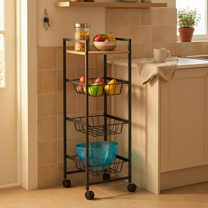 4 Tier Kitchen Rolling Cart, Wire Baskets, Black, Brown - additional product view