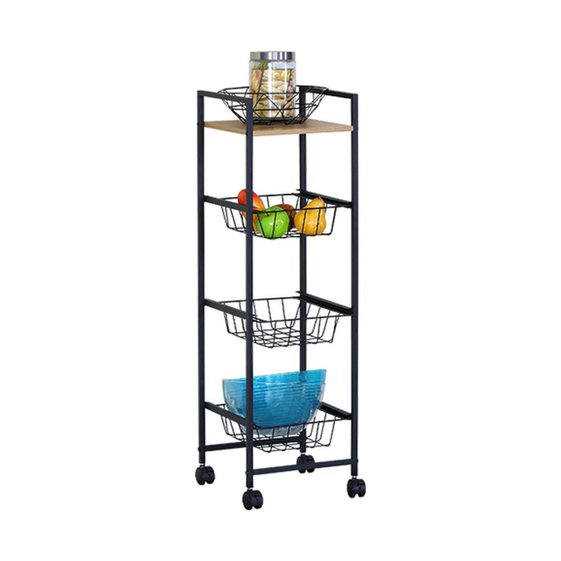 4 Tier Kitchen Rolling Cart, Wire Baskets, Black, Brown - main product image