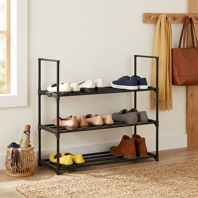 3 Tier Metal Shoe Rack, Steel Storage Organiser, Black - alternate angle
