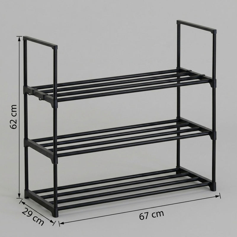 3 Tier Metal Shoe Rack, Steel Storage Organiser, Black - detail view